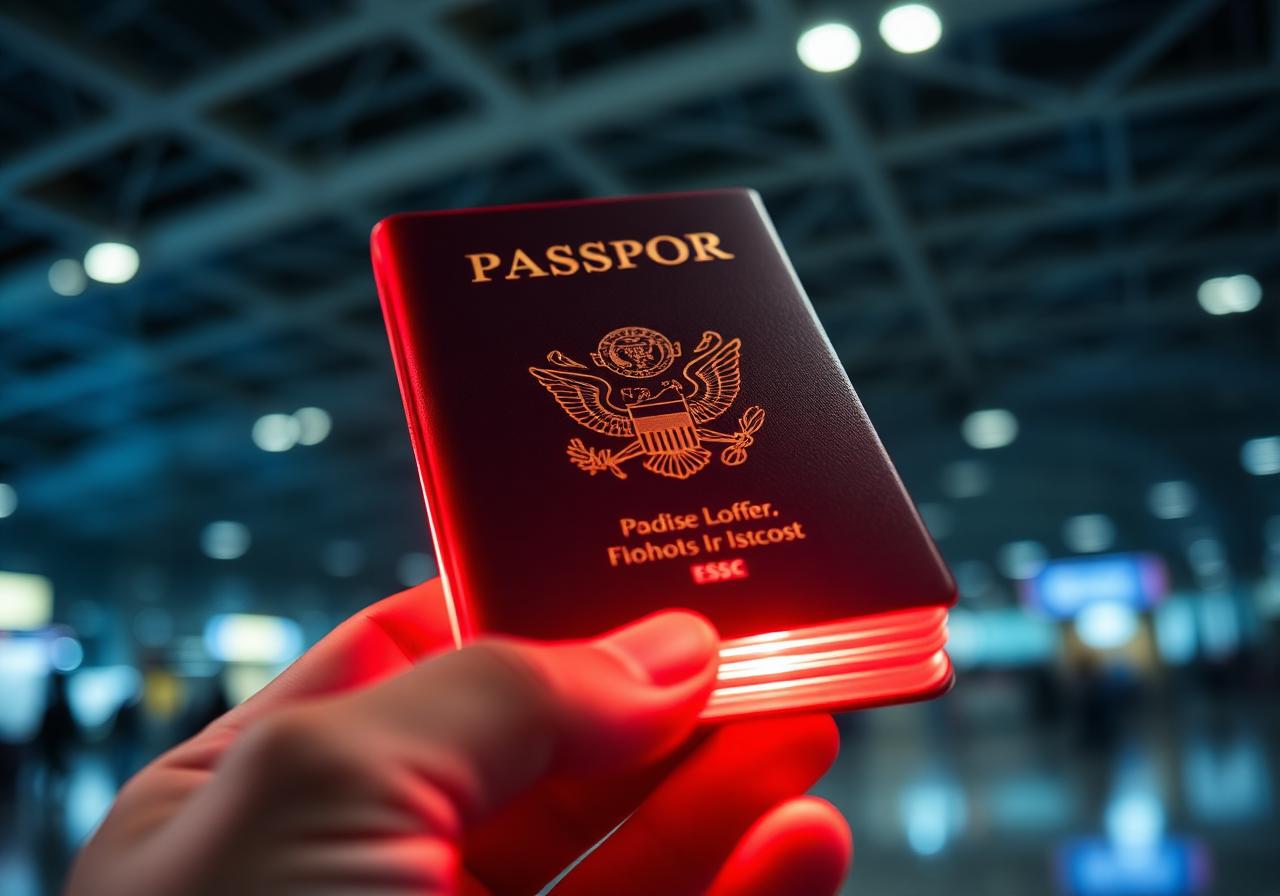 The passport case glowing on a counter in an airport terminal at night